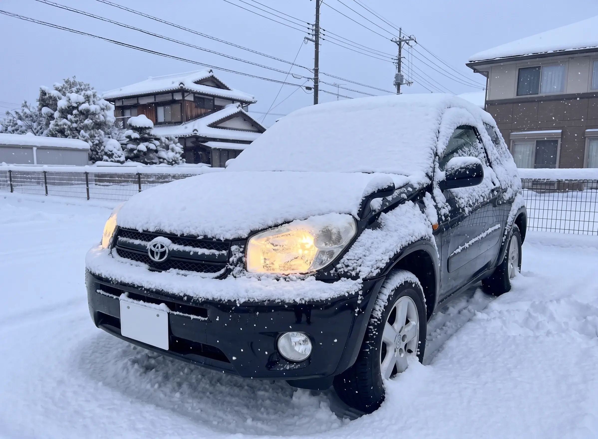 雪の積もった車をヒーターで温めてる様子