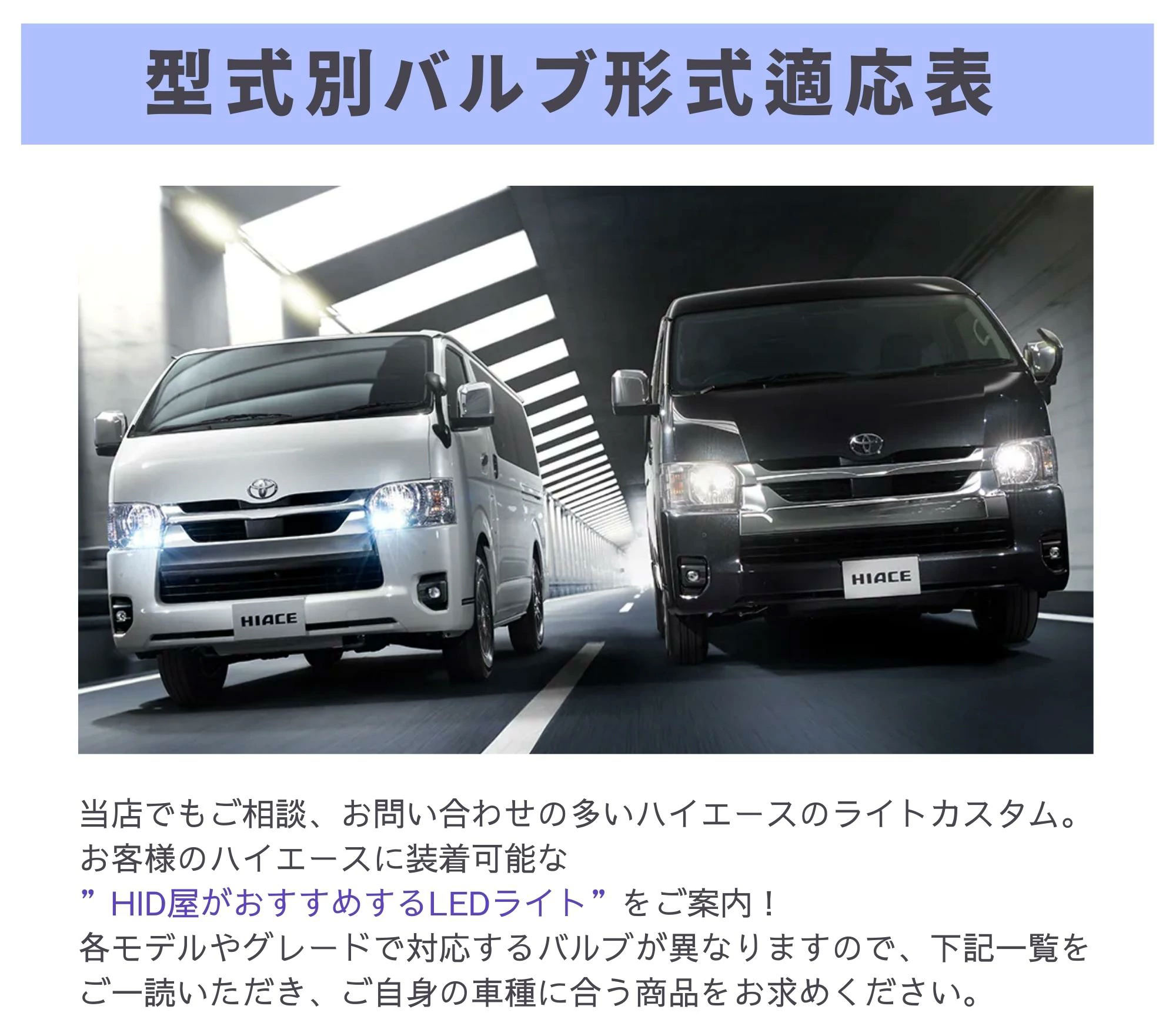 ハイエースのLEDライト特集ページの車種特徴