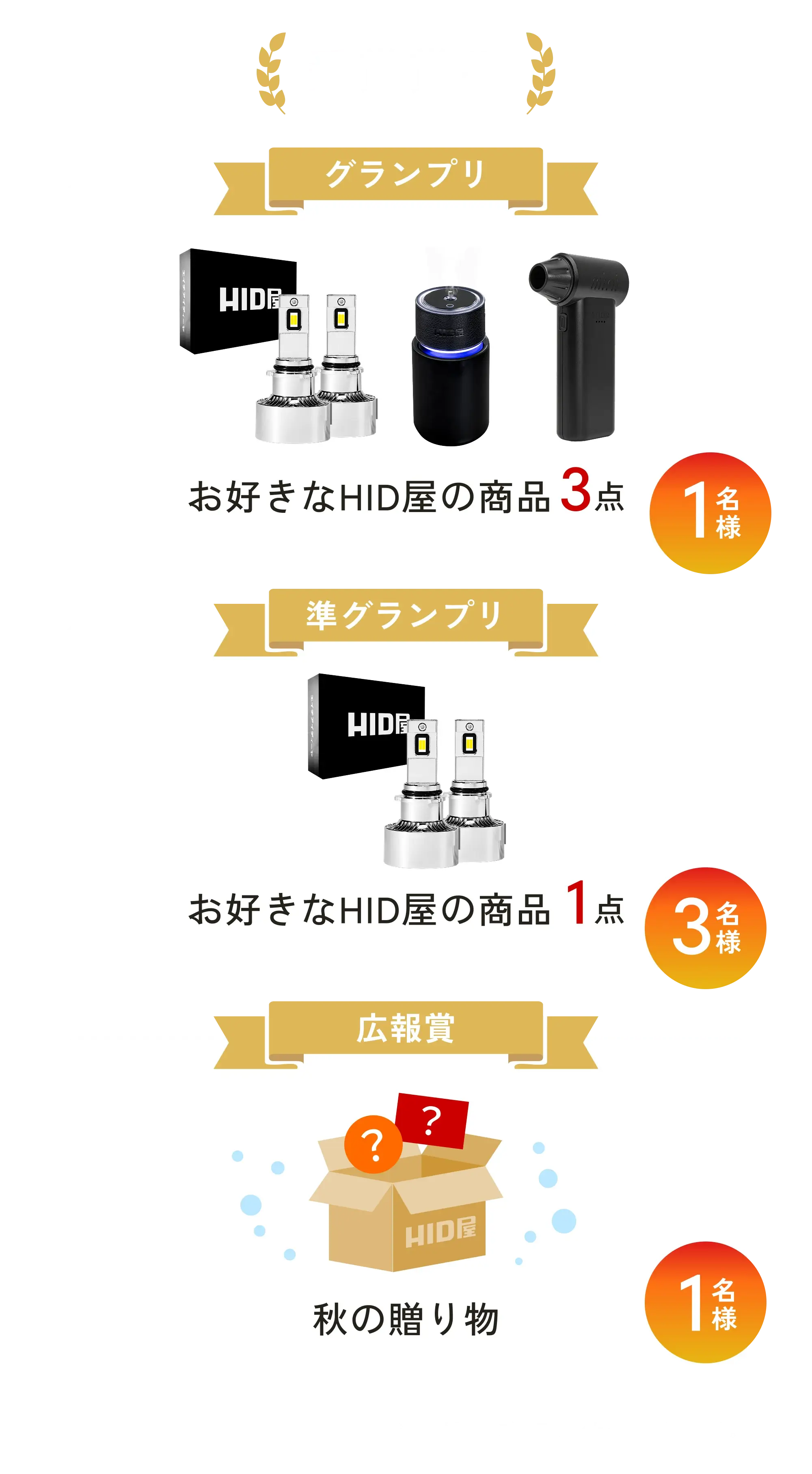 受賞賞品 グランプリ1名様(お好きなHID屋の商品3点) 準グランプリ3名様(お好きなHID屋の商品1点) 広報賞1名様(秋の贈り物) ※HID屋グッズのラインナップは未定です