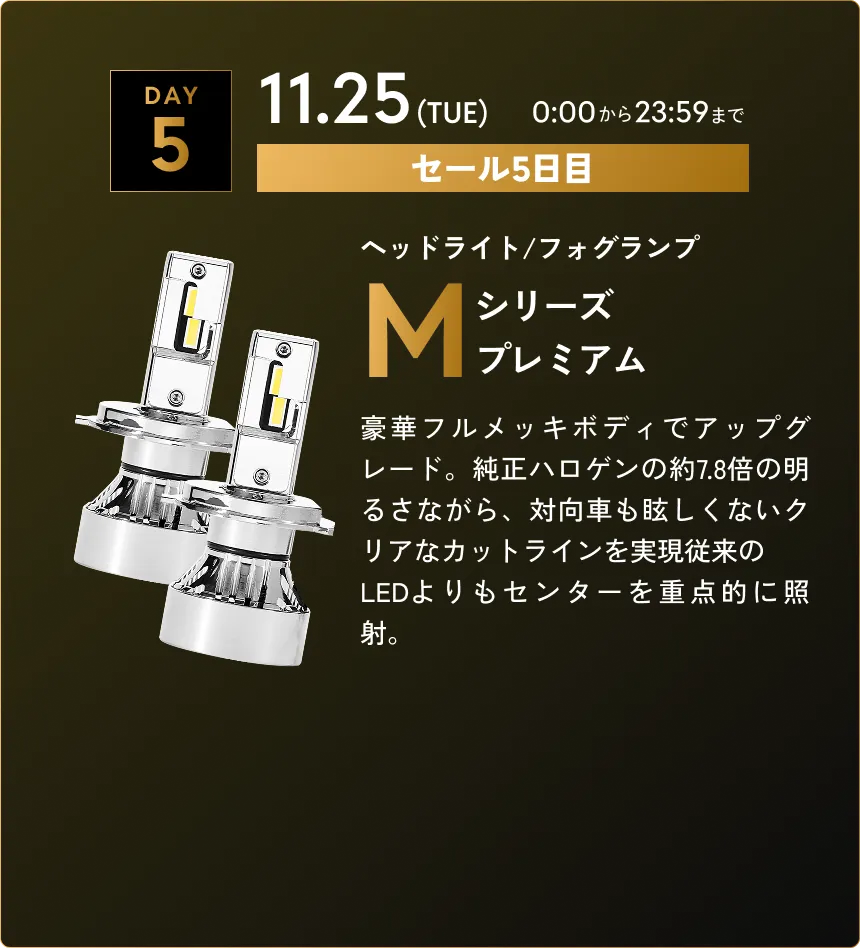 セール第5弾　11.25(TUE)0:00から23:59まで Mシリーズプレミアム…豪華フルメッキボディでアップグレード。純正ハロゲンの約7.8倍の明るさながら、対向車も眩しくないクリアなカットラインを実現従来の LEDよりもセンターを重点的に照射。