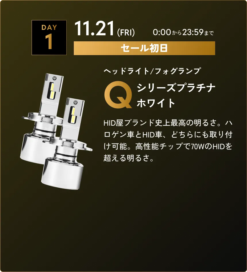 セール初日！ 第1弾　11.21(FRI)0:00から23:59まで Qシリーズプラチナホワイト…HID屋ブランド史上最高の明るさ。ハロゲン車とHID車、どちらにも取り付け可能。高性能チップで70WのHIDを超える明るさ。
