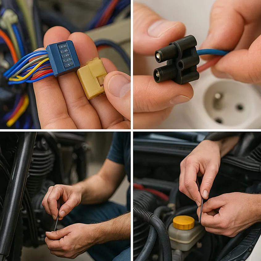 配線作業の例：エレクトロタップやスプライス端子、熱収縮チューブ、ボディアース・共通アースの接続作業