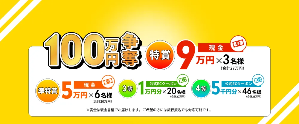 総額100万円　特賞：現金9万円×3名様　準特賞：現金５万円×６名様　3等：公式ECクーポン１万円×20名様　４等：公式ECクーポン５千円×46名様　※賞金は現金書留でお届けします。ご希望の方には銀行振込でも対応可能です。